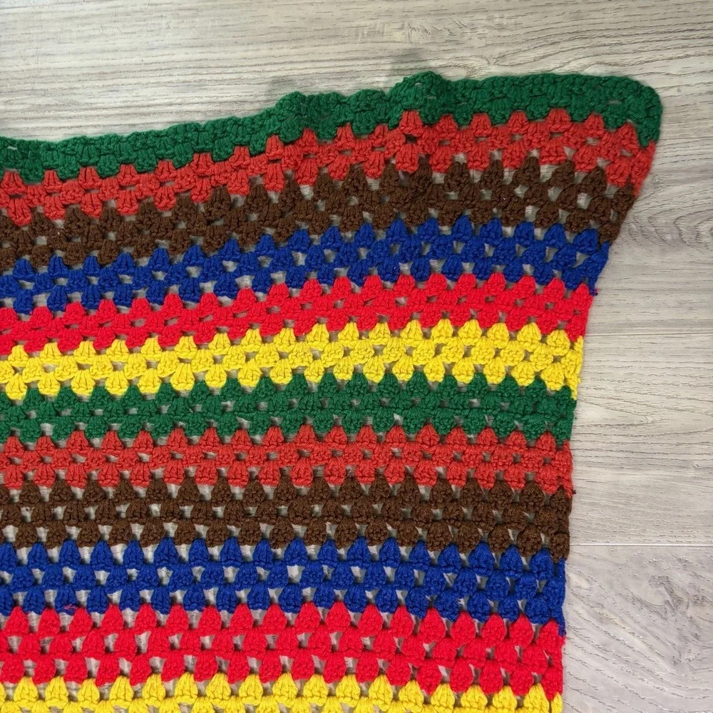 Vintage Large Afghan Hand Knit Crochet Granny Stripes Blanket 60x37 Bright Color